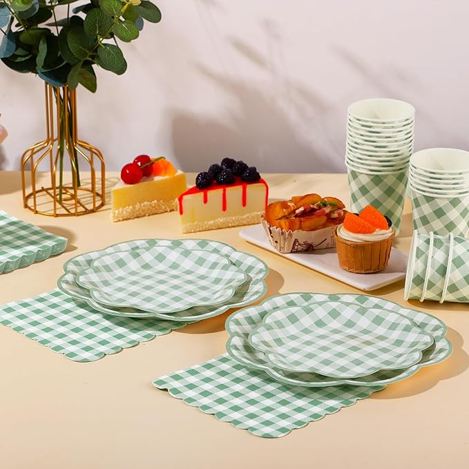 175 Pcs Sage Green Gingham Paper Plates and Napkins Party Supplies - Sage Green and White Checkered Plates Scalloped Plaid Plate for Birthday Dinner Picnic BBQ Party Decorations, Serve 25 Guests-HomvellaHome