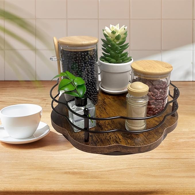 12" Lazy Susan Turntable Organizer with Higher Metal Sides, Wooden Lazy Susan Spice Rack Organization and Storage for Cabinet,Kitchen,Countertop,Table Top,Dining Table,Coffee Bar Decor-HomvellaHome