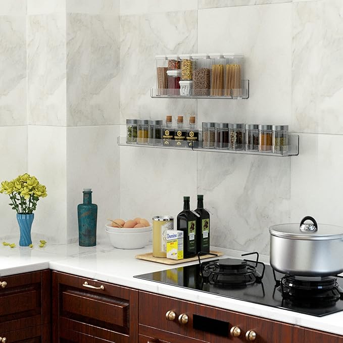 15 Inch Acrylic Spice Rack Wall Organizer Set of 3, Clear Acrylic Wall Shelf for Home Organizer, Floating Shelf for Bottle Display, Jars, Spice, Wine, Books, Toiletries-HomvellaHome