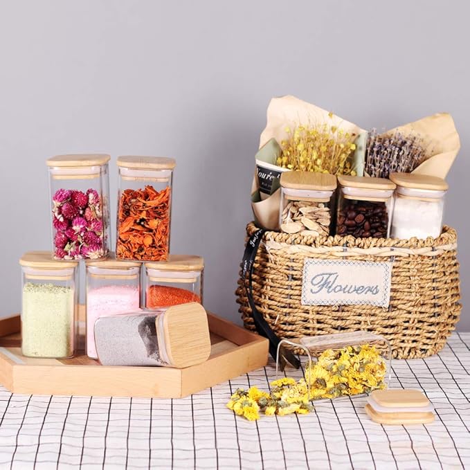 10 Pcs Glass Spice Jars - 8oz Empty Square Spice Storage Containers With Bamboo Airtight Lid and Labels - Thicken Small Glass canister for Kitchen Seasoning,Coffee Bean,Tea,Suger,Herbs-HomvellaHome