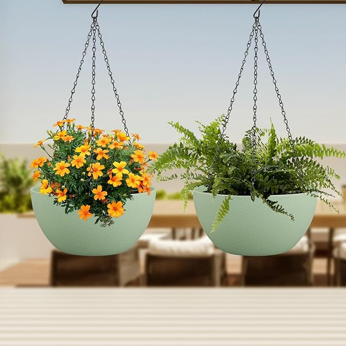 12 inch Large Hanging Planters Plant Pots for Indoor Outdoor Plants, 2 Pack Hanging Flower Pots with Drainage Holes and Chain for Garden Porch, Plastic Hanging Baskets for House Plants, Green-HomvellaHome