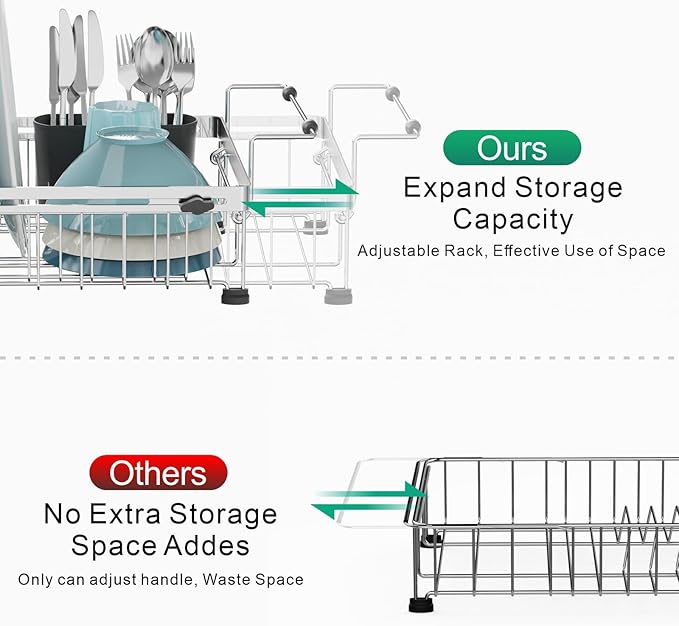 GSlife in Sink Dish Drying Rack - Capacity Expandable Stainless Steel Over Sink Dish Drainer Drying Rack (13.4''-20.4'') with Silicone Mat for Kitchen Counter Large Capacity, Black-HomvellaHome
