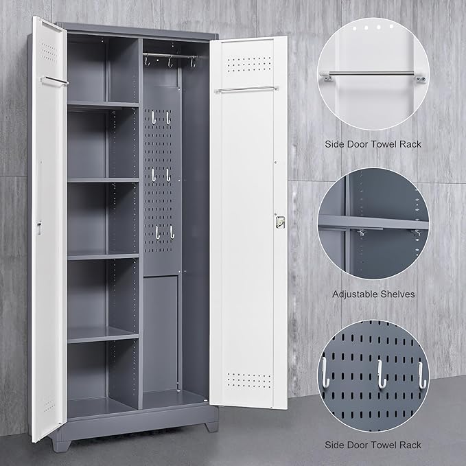Garage Storage Cabinet,Broom Closet with Lock,Locking Cabinets with Hanging Rod & S-Hooks for School,Garage,Grey-White-HomvellaHome