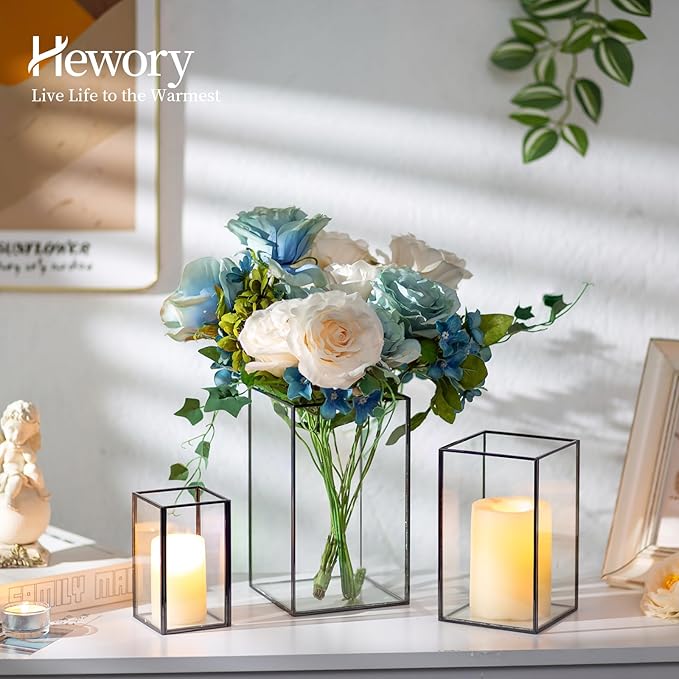 Glass Hurricane Candle Holder Large - Hewory 3pcs Black Rectangle Flower Holders Centerpiece for Table, Tall Floor Square Pillar Candle Lantern for Wedding, Anniversary, Party, Fireplace, Dining Room-HomvellaHome
