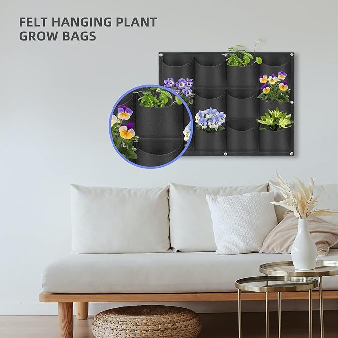 12 Pockets Hanging Planter Bags, Hanging Vertical Wall Mounted Plant Planting Grow Bags, Herb Garden Planter Outdoor Indoor Growing Bag, Gardening Vertical Greening Flower Container(0.6m×0.8m, Black)-HomvellaHome