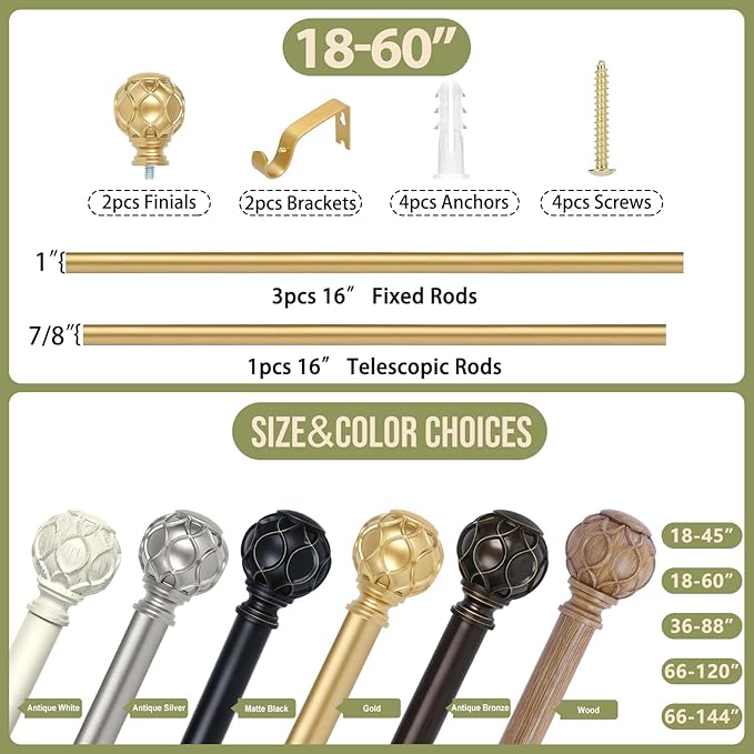Gold Adjustable Curtain Rods for Windows:18-60 Inch Farmhouse Heavy Duty Curtain Rod for Bedroom Living Room,Boho Decorative Rustic Drapery Rods with Vintage Coastal Texture Finial,Brass Gold-HomvellaHome