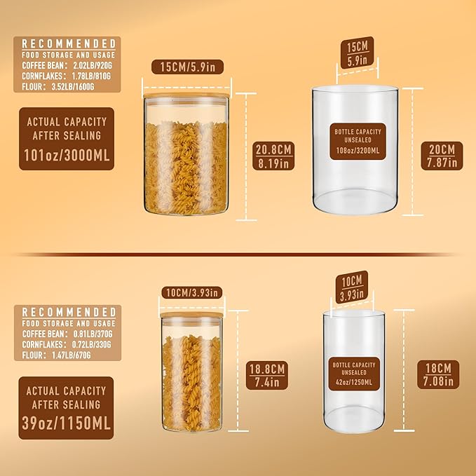 108oz 42oz Straight cylindrical Airtight Storage Jars with Bamboo Lid Set of 2 Large Storage Container Gallon Glass Jars, for Flour, Pasta and Coffee bean (with Black Lable)-HomvellaHome