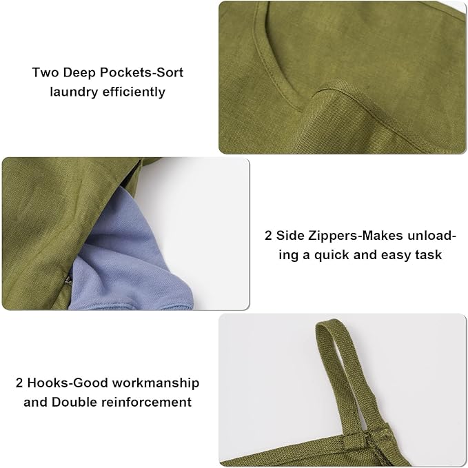 100% Pure Linen Dual Hanging Laundry Bag with 2 Deep Pocket and 2 Side Zipper 20x27in, Over The Door Laundry Hamper Space Saving Hampers for Dirty Clothes Home Travel, Green-HomvellaHome