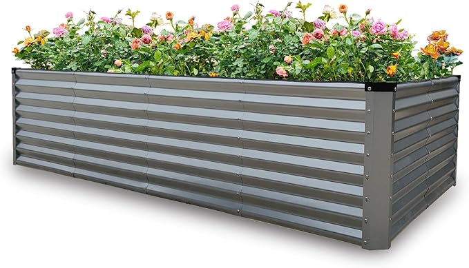 GARDMAX 8x4x2FT Galvanized Raised Garden Bed Kit, Metal Planter Boxes Outdoor with Easy Assembly, Large Garden Bed for Vegetables, Fruits, Flower, Herbs Rectangle Silver-HomvellaHome
