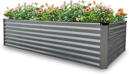 GARDMAX 8x4x2FT Galvanized Raised Garden Bed Kit, Metal Planter Boxes Outdoor with Easy Assembly, Large Garden Bed for Vegetables, Fruits, Flower, Herbs Rectangle Silver-HomvellaHome