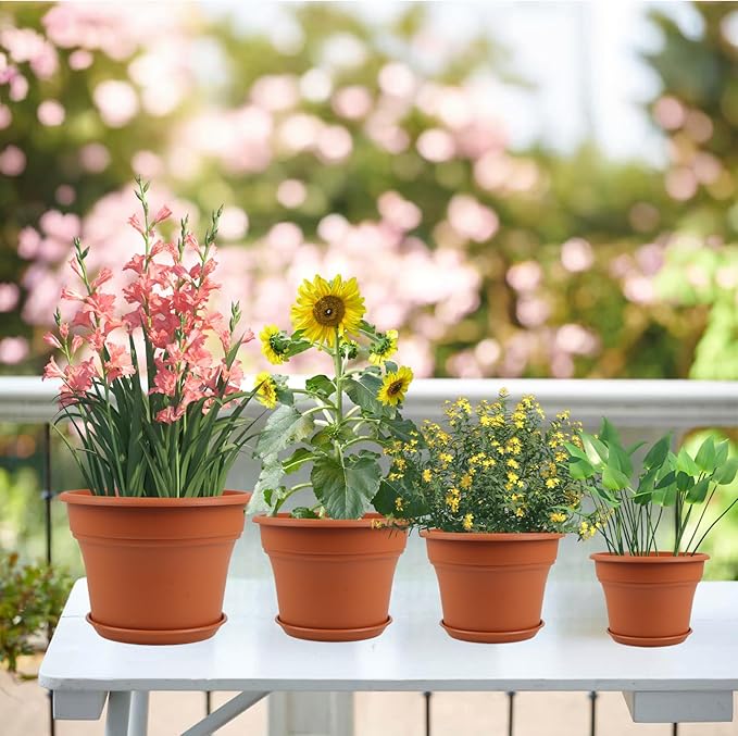13 Inch Plastic-Flower-Pot-for-Indoor-Plants, 4 Pack Large Outdoor Planter Pot with Drainage Holes & Saucers, Resin Decorative Garden Pots Planters-HomvellaHome