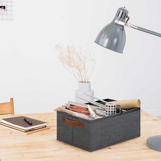 GhvyenntteS Small Fabric Storage Bins 6 Pack, 11.8" x 7.87" x 5.11" Storage Basket with Leather Handles, Closet Storage Bins for Shelves, Storage Baskets for Shelves, DVD Storage (Grey)-HomvellaHome