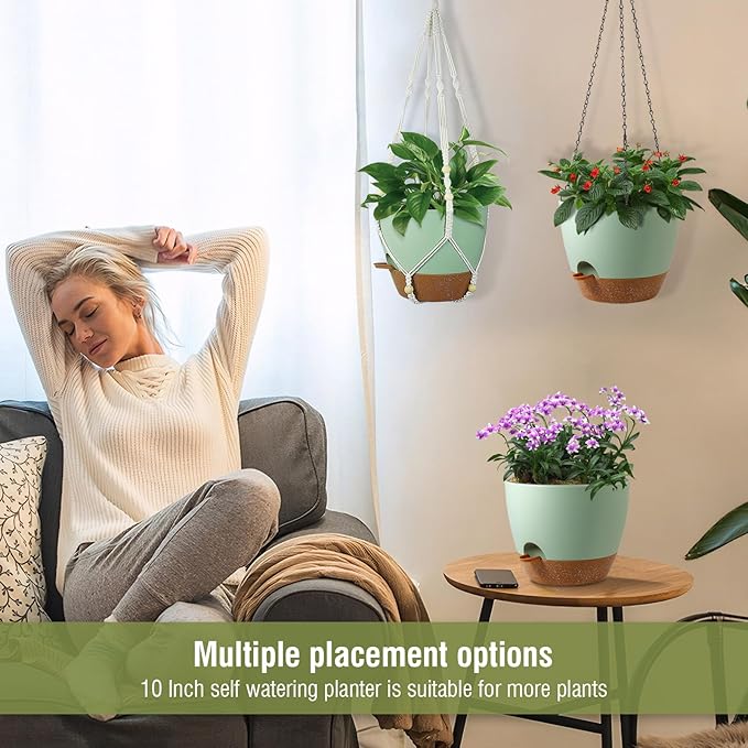 10 inch Self Watering Hanging Planters for Indoor Plants, 2 Pack Hanging Baskets for Outdoor Plants, Hanging Flower Pots with Drainage Holes & 2 Kinds of Plant Hangers for Home Decor, Green-HomvellaHome