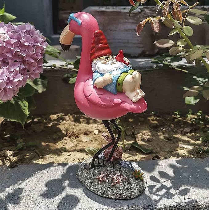 Gnome Garden Statue Funny Gnome Reclining on Flamingo Dwarf Figurines Resin Garden Gnomes Fall Decorations Outdoor for Patio Yard Lawn Porch Housewarming Ornament Gift-HomvellaHome