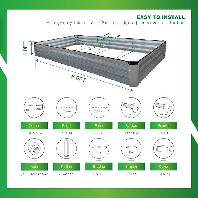 GARDMAX 8x4x1FT Galvanized Raised Garden Bed Kit, Metal Planter Boxes Outdoor with Easy Assembly, Large Garden Bed for Vegetables, Fruits, Flower, Herbs Rectangle Silver-HomvellaHome
