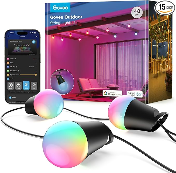 Govee Smart Outdoor String Lights 2, 48ft Outdoor Lights with Dimmable Warm White LED Bulbs, 47 Scene Modes for Patio, Backyard, Balcony, IP65 Waterproof, Works with Alexa, App Control-HomvellaHome