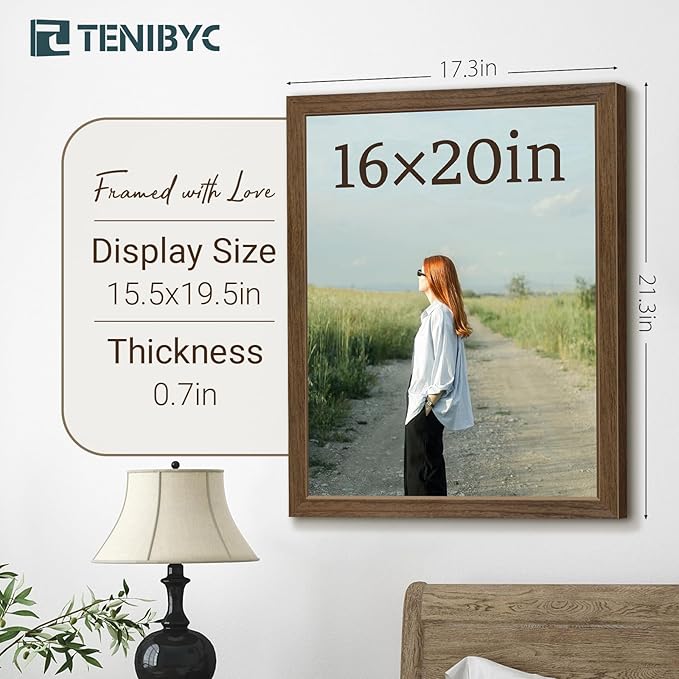 16x20 Picture Frame Set of 3 - Brown Woodgrain, Wood Poster Frame, HD Tempered Glass, Wall Gallery Hanging-HomvellaHome