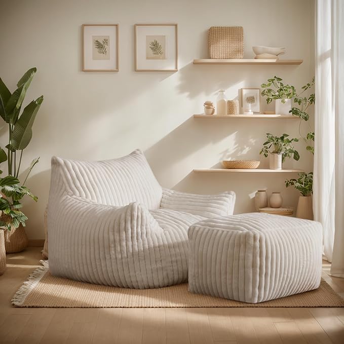 Giant Bean Bag Chairs for Adults, Oversized Chaise Lounge Chair Indoor with Memory Foam - Plush Boneless Lounger & Ottoman for Bedroom, Living Room, Gaming & Reading, Lazy Floor Sofa Chair, Beige-HomvellaHome