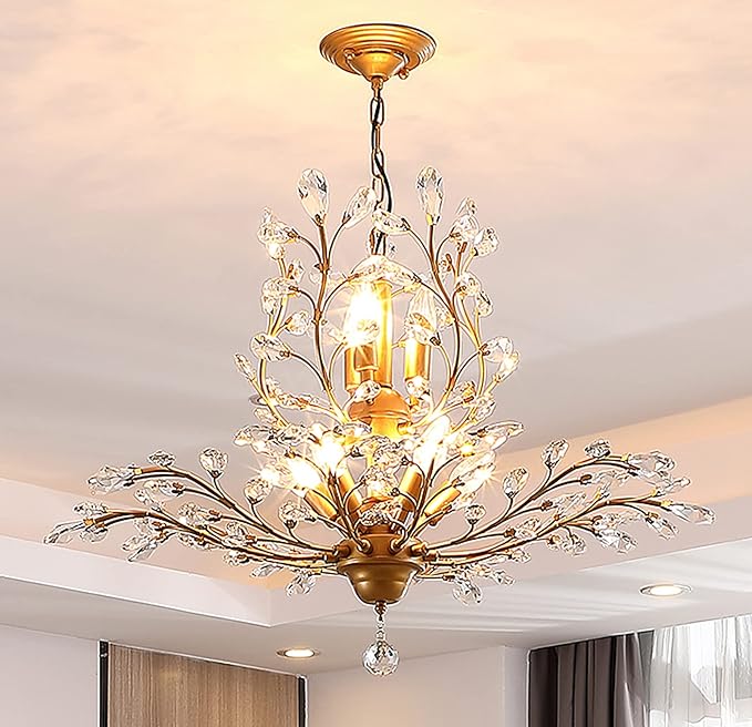 Ganeed Crystal Chandeliers,Vintage Pendant Lighting Crystal Chandelier Lighting Fixtures with 8 Lights,Ceiling Light Fixture for Living Room Bedroom Restaurant Porch Hallway (Gold)-HomvellaHome