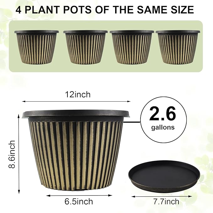 12 inch Planter Indoor Outdoor Plant Pots, 4 Pack Large Plastic Flower Pots with Saucer and Drainage Holes, Decorative Modern Garden Pots for Houseplants-HomvellaHome