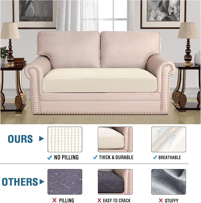 H.VERSAILTEX Super Stretch Individual Seat Cushion Covers Sofa Covers Couch Cushion Covers Slipcover Sets Thick Jacquard Textured Twill Fabric (1 Piece Loveseat Cushion Cover, Natural)-HomvellaHome