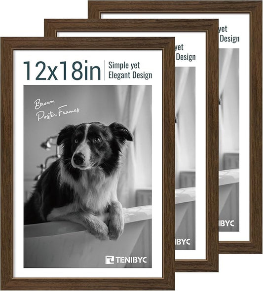 12x18 Poster Frame 3 Pack - Brown Woodgrain, Wood Poster Frame, HD Tempered Glass, Wall Gallery Picture Photo Frame-HomvellaHome