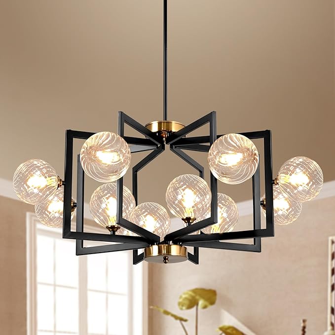 12 Light Black Farmhouse Chandelier Geometric Metal Dining Room Light Fixture Height Adjustable Black Chandeliers for Dining Room Clear Glass Farmhouse Industrial Pendant Lights for Bedroom, Entryway-HomvellaHome