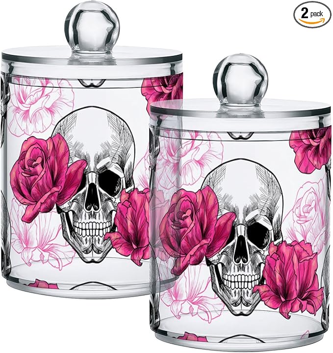 2 Pack Qtip Holder Dispenser Skull Rose Flower Bathroom Storage Canister Lid Acrylic Plastic Apothecary Jar Set Vanity Makeup Organizer for Cotton Swab/Ball/Round Pads, Floss-HomvellaHome