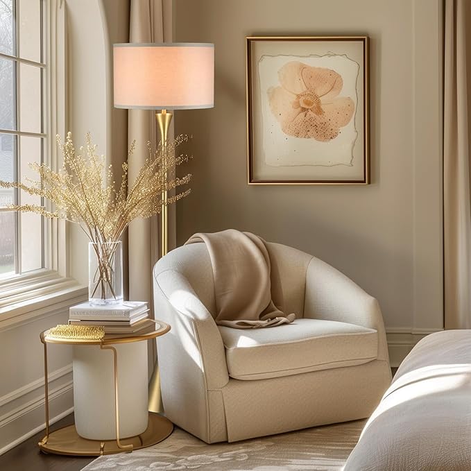 GLOBE Electric 61000150 60" Floor Lamp, Antique Brass Finish, Beige Fabric Shade, Mid-Century Modern Standing Lamp, E26 Base, Sustainable Design for Living Rooms and Bedrooms-HomvellaHome