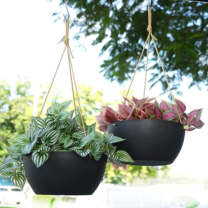 13 Inch 2 Pack Large Hanging Planters for Indoor Outdoor Plants, Plastic Hanging Basket Pots for House Plants Flowers, Black-HomvellaHome