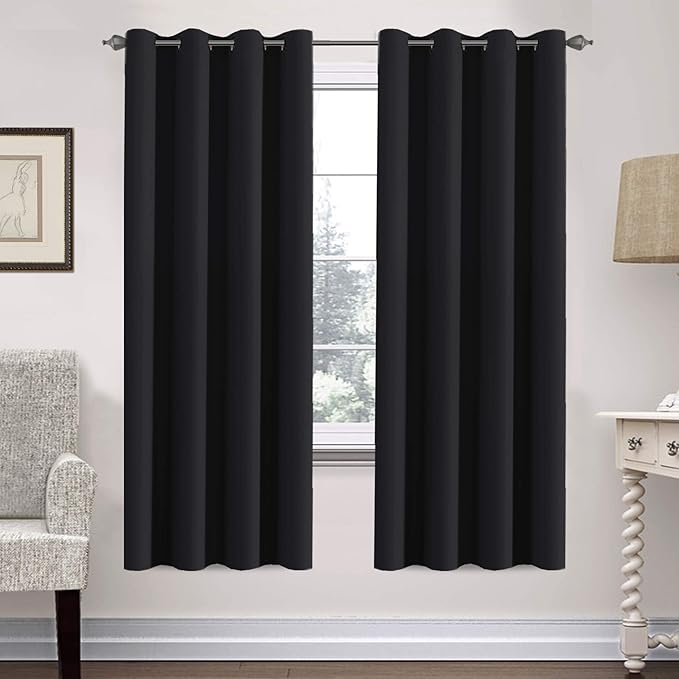 H.VERSAILTEX Thermal Insulated Blackout Curtains Window Panel Drapes - 2 Panels Set-52x72 Inch with Gun Metal Color Grommet Top (Jet Black)-HomvellaHome