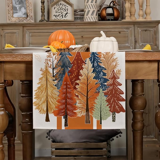 GEEORY Fall Watercolor Tree & Maple Leaves Striped Table Runner 13x36 Inch, Rustic Farmhouse Autumn Thanksgiving Decor for Kitchen, Dining, Indoor/Outdoor Holiday Dinner Party Orange GT157-36-HomvellaHome