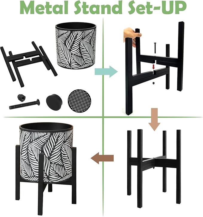 10 & 12 Inches Plant Pot with Stand Set of 2, Decorative Palm Leaves Printing Planter with Holder, Garden Pot for Snake Plant, Monstera, Houseplants - Indoor Outdoor Flower Pots with Drainage Holes-HomvellaHome