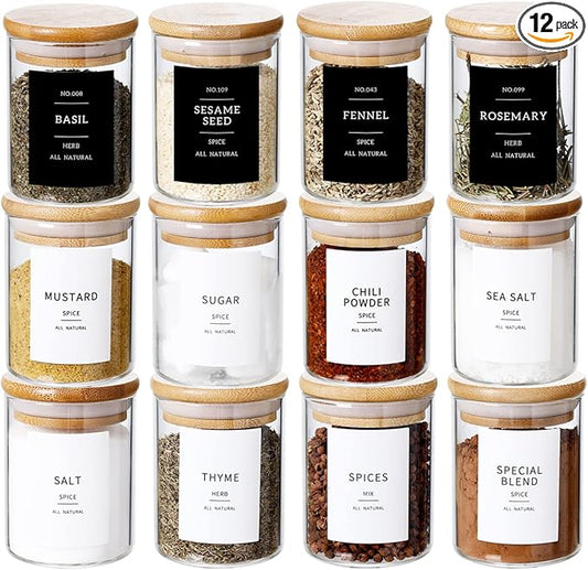 12 Pcs Glass Spice Jars With 296 Spice Labels Preprinted of White and Black Color- 6oz Thicken(2.4mm) Spice Containers With Bamboo Airtight Lids - Empty Small Herb Seasoning Jars-HomvellaHome
