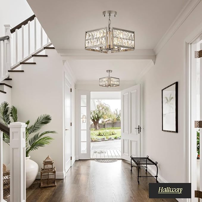 12” 4-Light Modern Crystal Chandeliers Nickel Dinning Room Light Fixture, Square Pendant Light Kitchen Island Chandelier, Flush Mount Ceiling Light for Living Room Entryway Bedroom Foyer-HomvellaHome