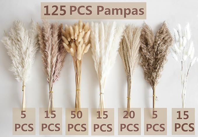 125 PCS Dried Pampas Grass Bouquet, Boho Table Decor, Bunny Tails Dried Flowers, Brown Pampas, White Pampas Grass for Weddings, Home Decor, Rustic Parties, and Baby Shower Decorations-HomvellaHome