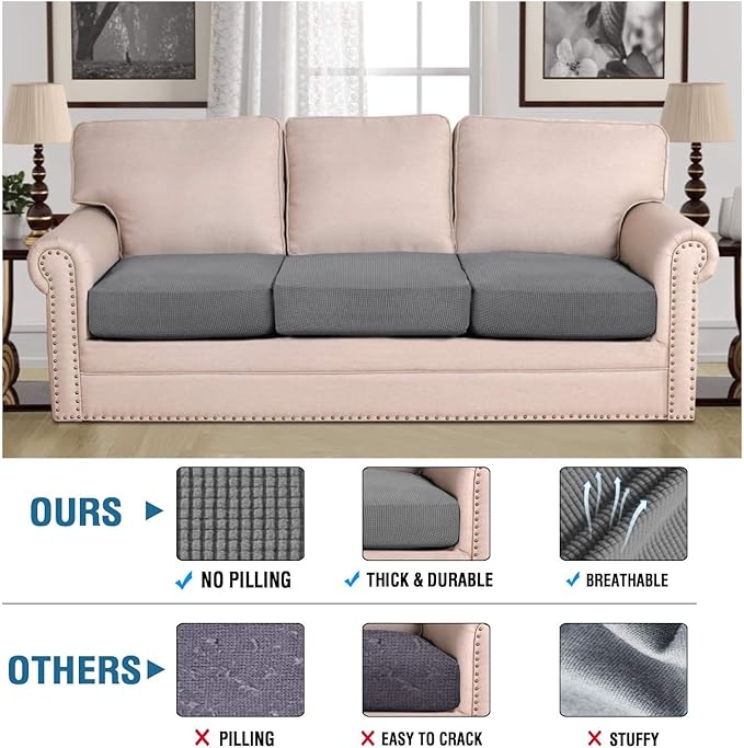 H.VERSAILTEX Super Stretch Individual Seat Cushion Covers Sofa Covers Couch Cushion Cover Slipcover Sets Thick Jacquard Textured Twill Fabric (3 Piece Sofa Cushion Covers, Grey)-HomvellaHome