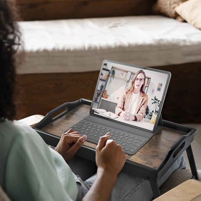 2 Pack Bed Tray Table Breakfast Trays Serving Tray Bamboo Bed Laptap Floding Legs with Handles and Phone Holders-HomvellaHome