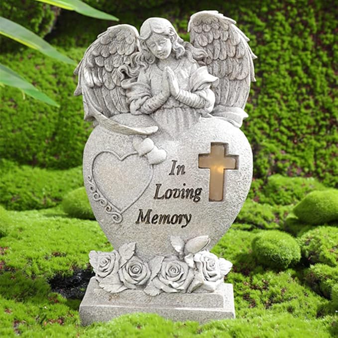 Garden Angel Statue with Cross Solar LED Light, Memorial Gifts for Loved Ones, Cemetery Grave Decorations-HomvellaHome