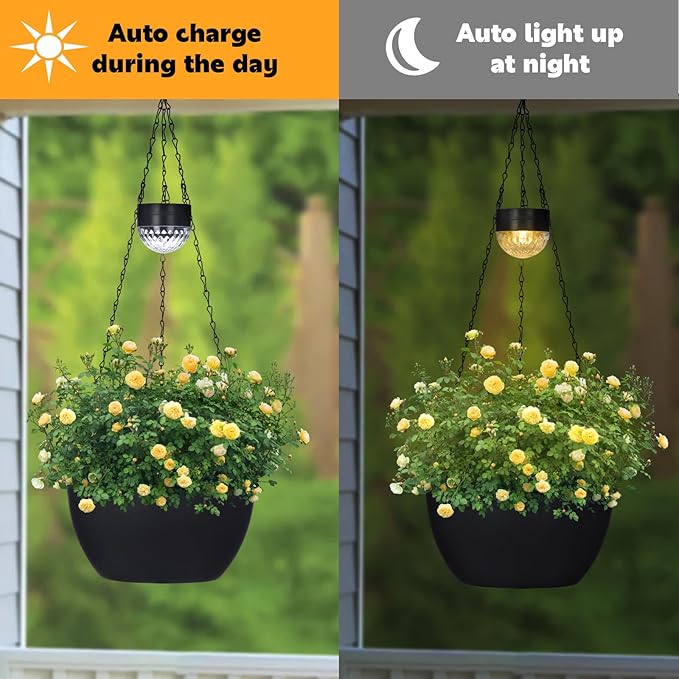 2 Packs Hanging Planters Basket for Outdoor Plants, Solar Powered Self Watering Black Round Plastic Flower Pots with Drainer for Balcony Patio Garden Outdoor Decoration-HomvellaHome