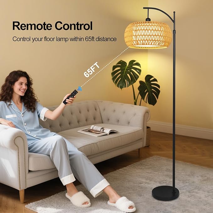 Arc Floor Lamps for Living Room Rattan Boho Floor Lamp with Remote Control,Dimmable LED Floor Lamp Wicker Lamp Shades Black Standing Lamp with 3 Color Temperature Tall Floor Lamps For Bedroom Corner-HomvellaHome