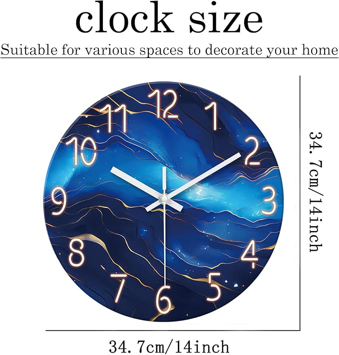 Glass Wall Clocks Battery Operated 14 Inch Modern Abstract Wall Clock for Bedroom Blue Wall Clock Silent Non Ticking-HomvellaHome