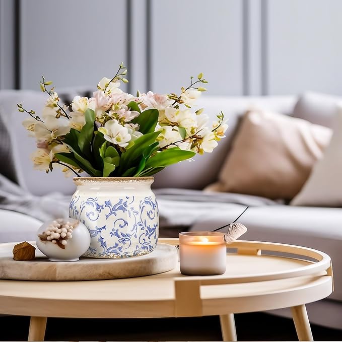 1 Pcs Vintage Planter Large Ceramic Plants Pot Blue Chinoiserie Crack Cottage Scroll Vase Flower Vase Pot Indoor Plants Home Kitchen Decor Farmhouse Antique Decorative Gift-HomvellaHome