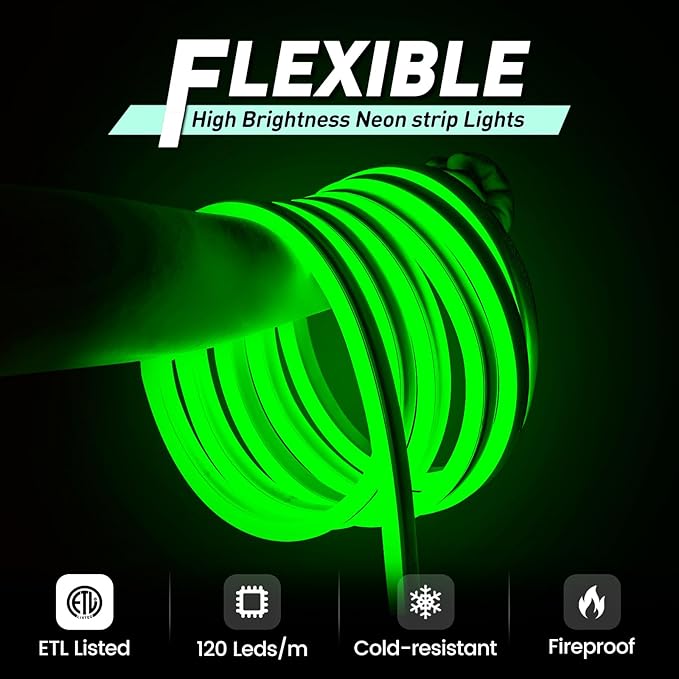 GZBtech Flexible LED Neon Rope Lights 16.4FT,AC 110-120V Waterproof Strip Light, 120 LEDs/M Cuttable Connectable Neon Lighting for Indoor Outdoor Home Decor/Commercial Building Use-Green 5M-HomvellaHome