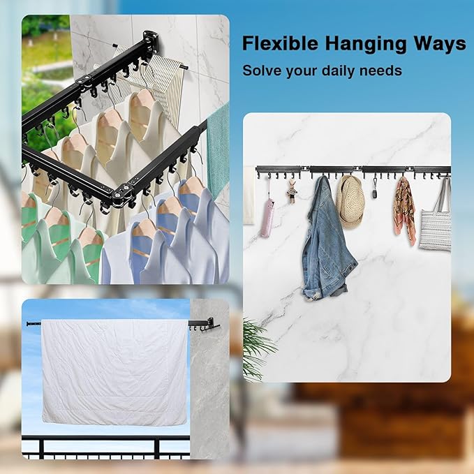 Gezen Clothes Drying Rack, Wall Mounted Drying Rack Clothing Retractable, Foldable Clothes Hanger Rack with 24 Hooks for Laundry Room Organization and Storage, Space Saving, Collapsible, Quad-Fold-HomvellaHome