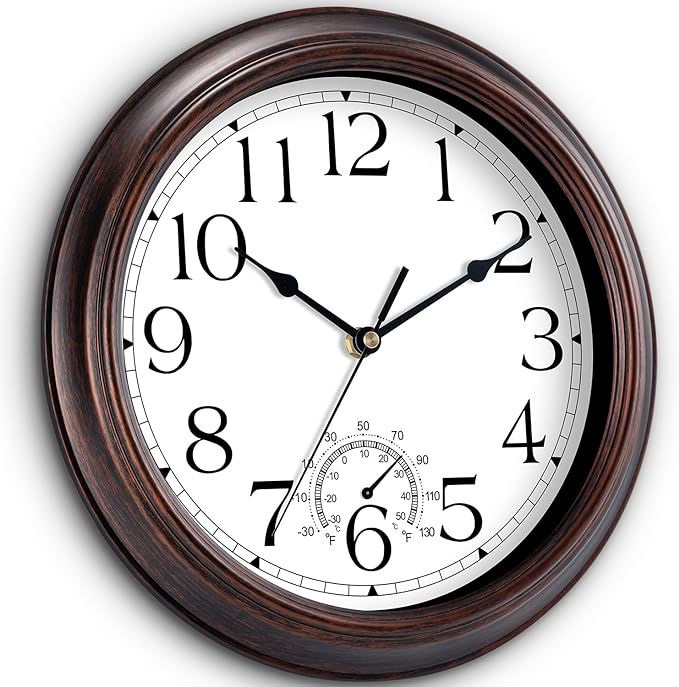 12 Inch Outdoor Wall Clock with Thermometers, Vintage Silent Wall Clocks Battery Operated, Retro Non-Ticking Clock Decorative for Living Room, Patio, Kitchen, Office, Bathroom, Bedroom(Bronze)-HomvellaHome