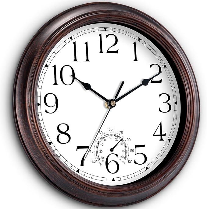 14 Inch Outdoor Wall Clock with Thermometers, Vintage Silent Wall Clocks Battery Operated, Retro Non-Ticking Clock Decorative for Living Room, Patio, Kitchen, Office, Bathroom, Bedroom(Bronze)-HomvellaHome