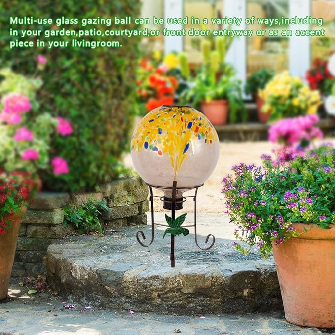 10" Diameter Solar Gazing Ball and 8.5" Metal Stand Indoor Outdoor Yard Art Ornament Coloful Spot Glass Globe Sphere Solar Gazing Balls for Garden,Lawn,Porch,Patio Birthday Gifts for Women,Mom-HomvellaHome