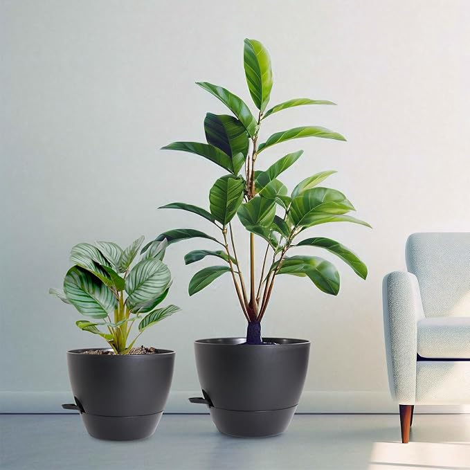 10/9/8 inch Medium Self Watering Pots, Plant Pots with Mesh Drainage Holes for Indoor Outdoor Garden Plants, Flower Pots with Removable Deep Reservoir, Set of 3 Plastic Planters, Black-HomvellaHome