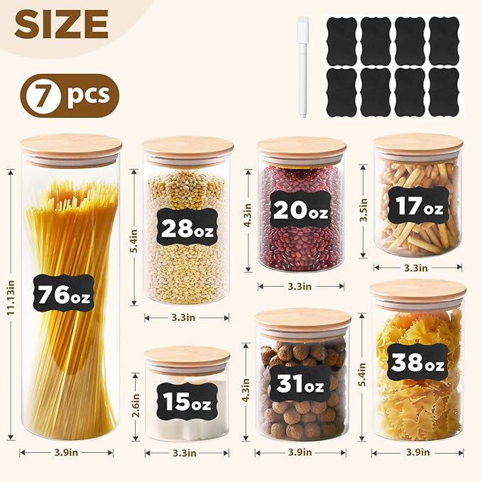 Glass Food Storage Jars, Glass Jars with Bamboo Lids, Kitchen Storage Jars, Canisters with Airtight Lids for Spice, Coffee, Cookie, Set of 7, Pantry Organizers-HomvellaHome